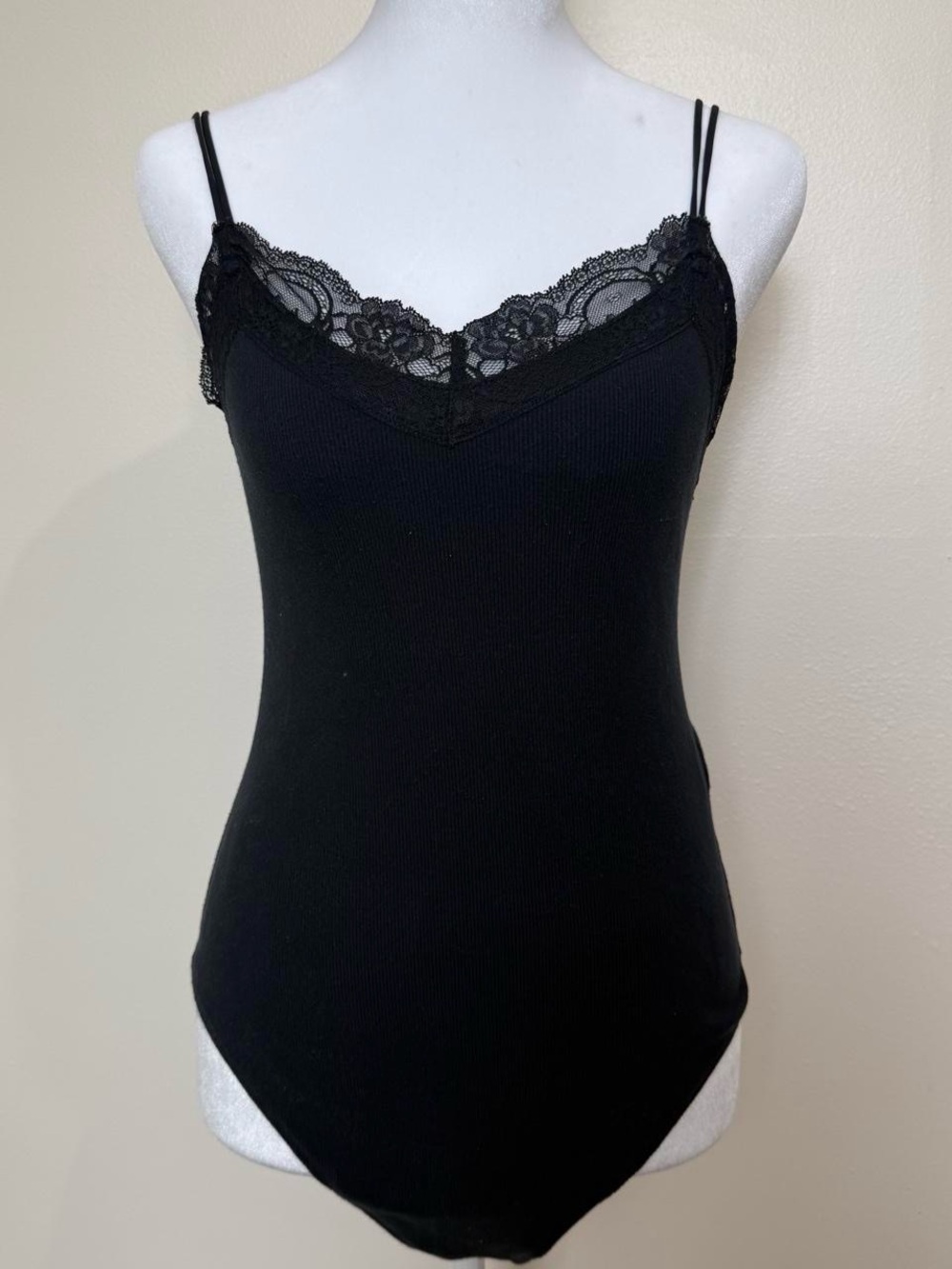 Abercrombie & Fitch black lace trim bodysuit with lace trim at neckline